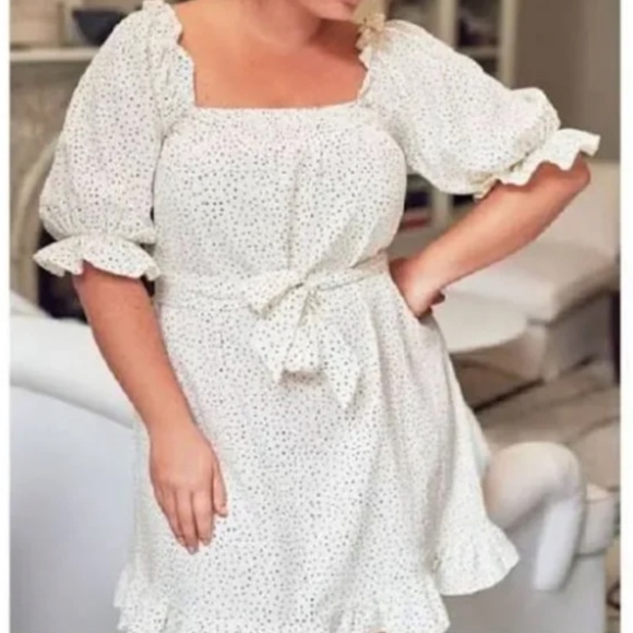 ELOQUII Plus Linen Blend Smocked Ruffle Mini Dress Polka Dot - Picture 1 of 4